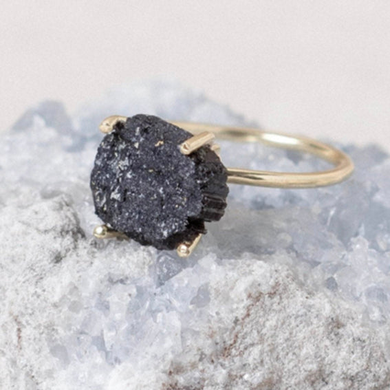 Black Tourmaline Raw Freeform Silver Ring