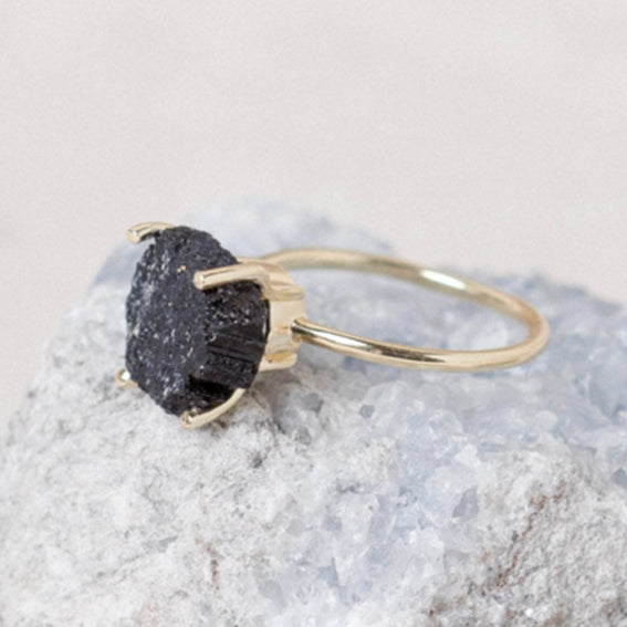 Black Tourmaline Raw Freeform Silver Ring