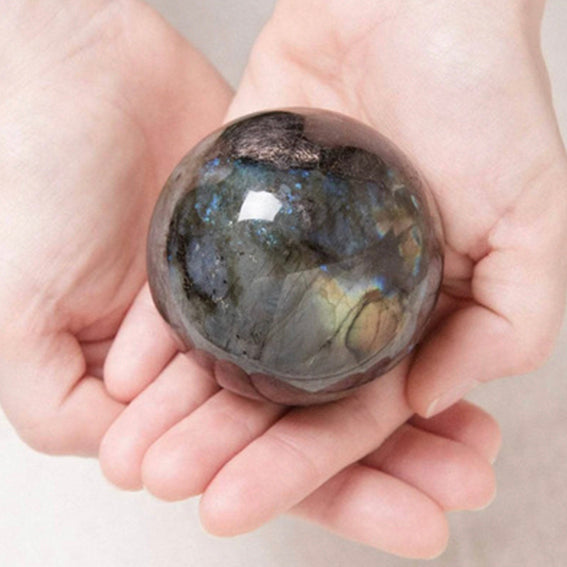 Blue Labradorite Flame Sphere With Tripod